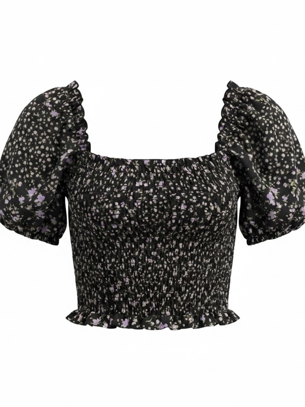 Smocked Puff Sleeve Crop Top - Black with Lavender Floral